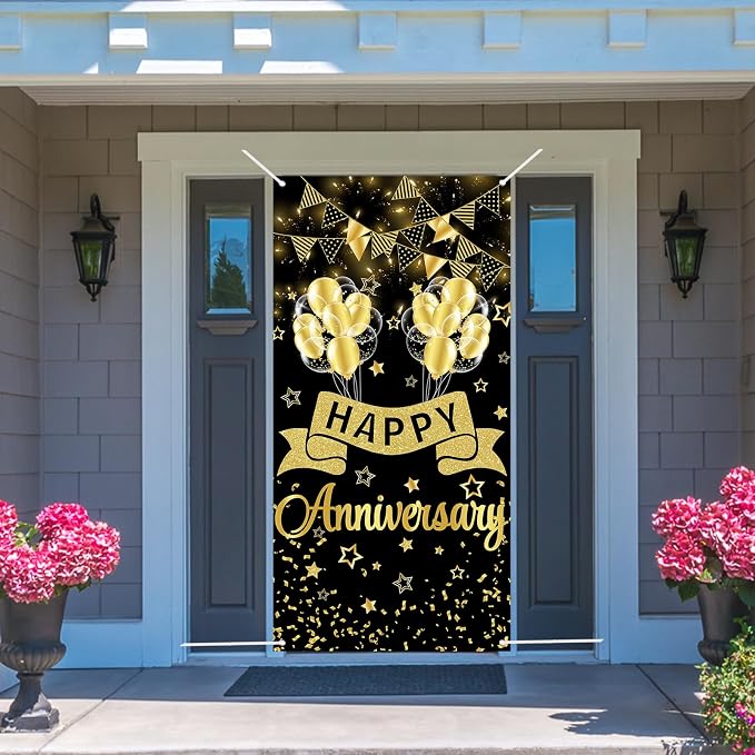 Happy Anniversary Door Banner Wedding Decorations Door Cover Black Gold - Image 4