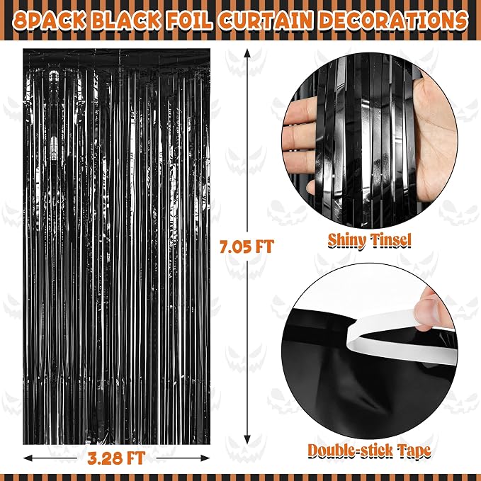 ZATAYE 8 Pack Black Halloween Foil Curtain Streamer Decorations | Black - Image 2
