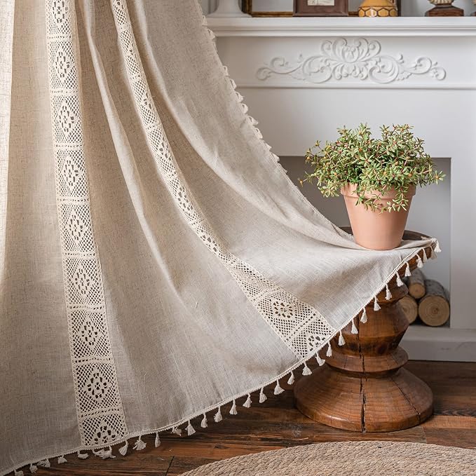 ENJOYBRIDAL Beige Curtains Crochet Lace Patchwork Drapes Curtains 84 Inch by ENJOYBRIDAL