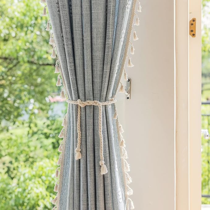 ENJOYBRIDAL Boho Curtains 63 Inch Length 2 Panels Semi Sheer Blue Grey Drapes - Image 5