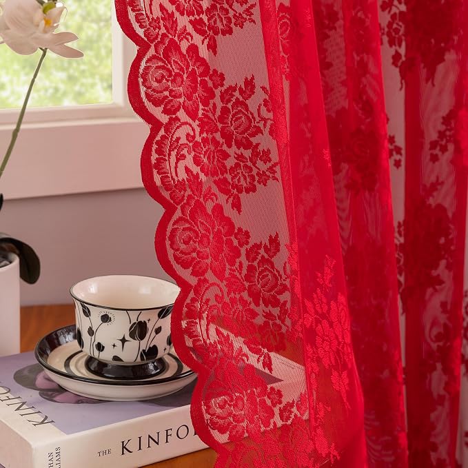 Kotile Red Sheer Lace Curtains for Bedroom Rustic Floral 52x63 Inch 2 Pcs | Rod by Kotile+Curtains