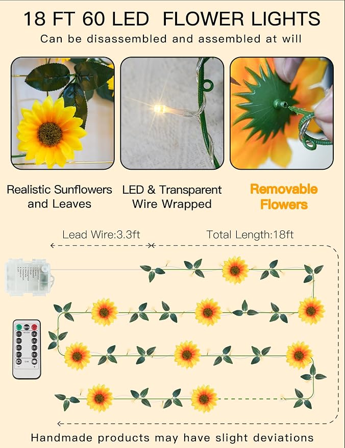 Sunflower Garland with 60LED Fairy Light Battery Operated Clear Wire | Vines - Image 7