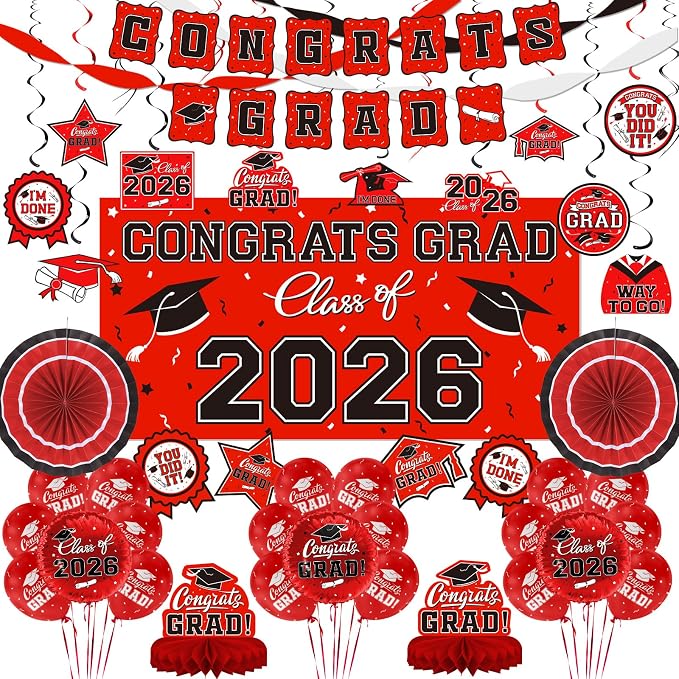 Red Themed 2026 Graduation Decorations Set by Gatherfun