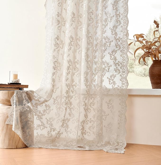 FOLKSIDE Khaki Lace Curtains 72 Inches Long 2 Panels Victorian Floral Sheer - Image 4
