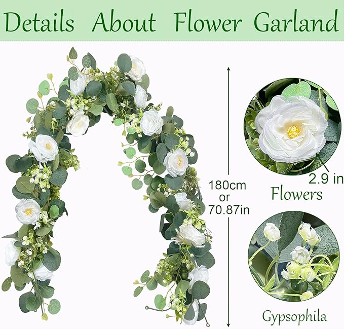 2 Pack 12Ft Artificial Eucalyptus Flower Garland with White Roses, Fake Flowers Greenery Garland Flower Vines for Wedding Party Mantle Table Runner Spring Summer Home Decor (2PCS,White
