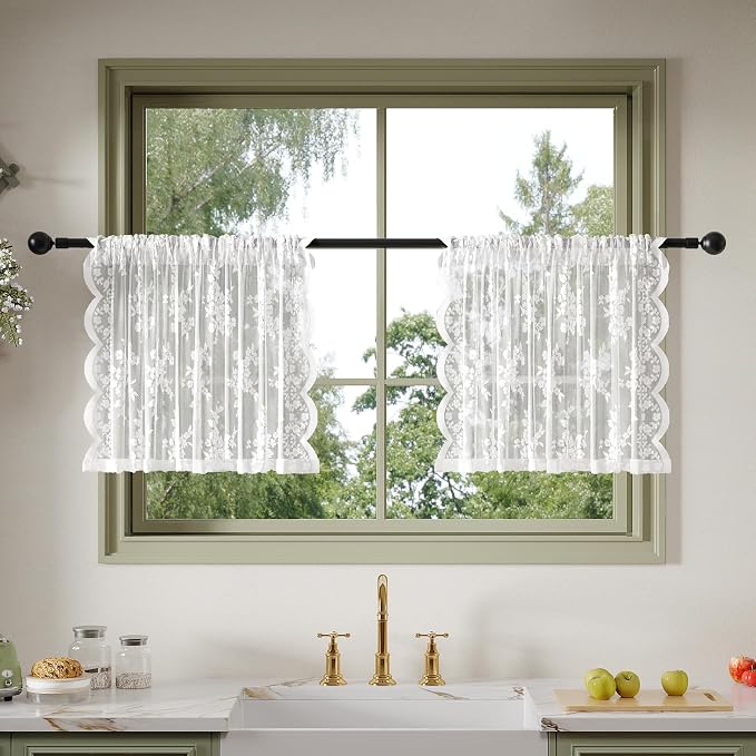 Anmao Vintage Lace Kitchen Curtains 24 Inches Long 2 Panels, Romantic Semi by Anmao