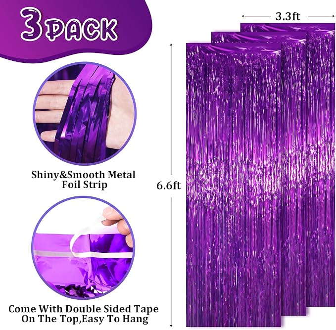 Voircoloria Purple Foil Fringe Backdrop Curtains, Birthday Party Decorations - Image 3
