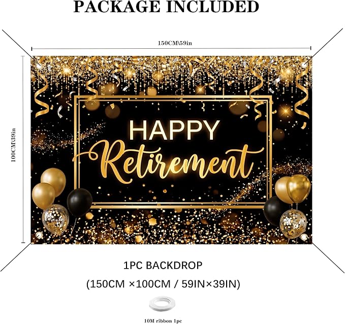 Happy Retirement Backdrop 59x39in Black Gold Party Banner | Washable polyester - Image 2