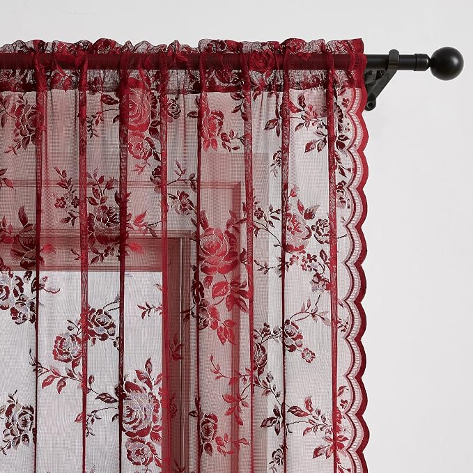 Burgundy Lace Curtains 96 Inches Long Modern Wine Red Floral Curtains - Image 3