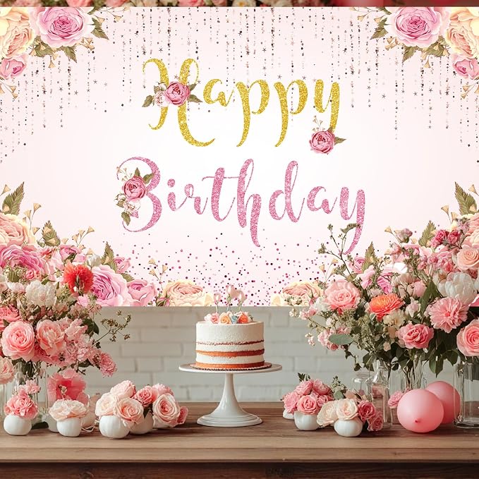 Happy Birthday Banner Pink Birthday Party Backdrop - Image 3