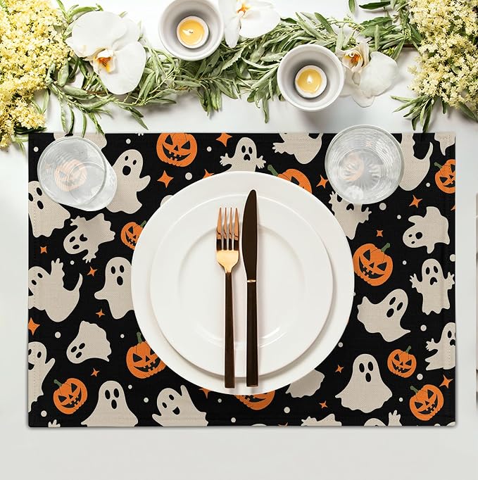 Halloween Placemats Set of 4 12x18 Inch Cute Ghost Pumpkin Table Mats Orange - Image 3