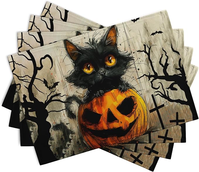 Halloween Black Cat Pumpkin 12x18 Placemats Set of 4 Happy Halloween Bat Branch - Image 2