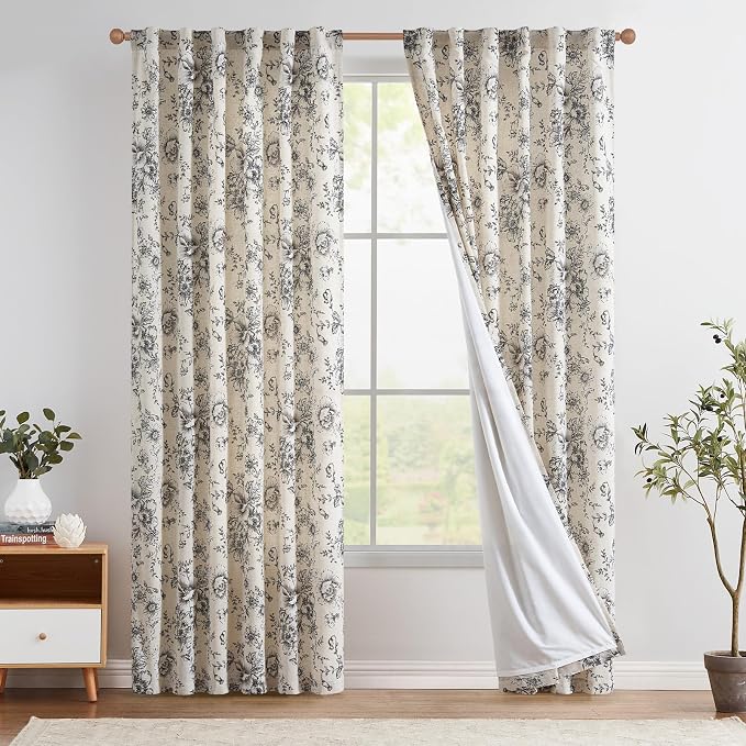 jinchan Black Floral Linen Curtains Lined 90 Inch Vintage Back Tab 2 Panels | by JINCHAN
