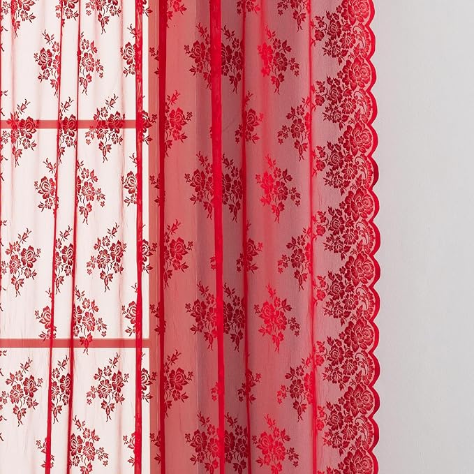 Kotile Red Sheer Curtains for Living Room Rustic Floral 52x96 Inch 2 Panels | - Image 4