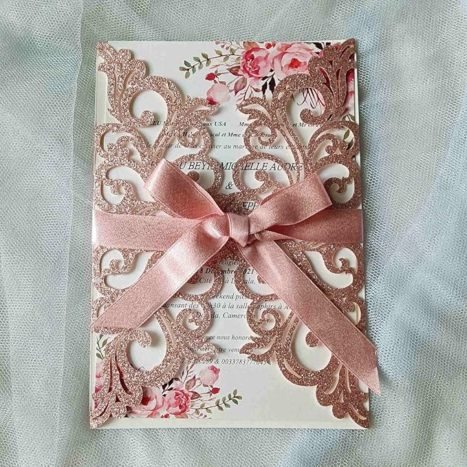 25PCS Rose Gold Laser Cut Wedding Invitations Cards with Envelopes,Blank Inner Sheets,Ribbons for Wedding Bridal Shower Quinceañera Engagement Birthday Invites, rose gold glitter