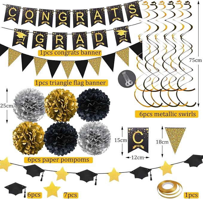 Graduation Decorations for 2026, Congrats Grad Banner and Star Cap Garland - Image 2