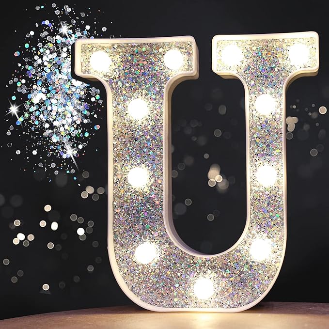 Pooqla Light Up Letters, LED Marquee Letters for Silver Birthday Decorations, Battery Powered Night Light Teenager Girl Room Decor, Gift for Girls Boys Wedding Bedroom Christmas Party Decor, Letter U