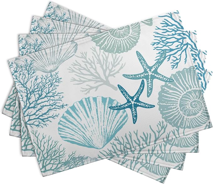 Nautical Coastal Blue Placemats Set of 4 Summer Teal Turquoise Beach Theme - Image 2
