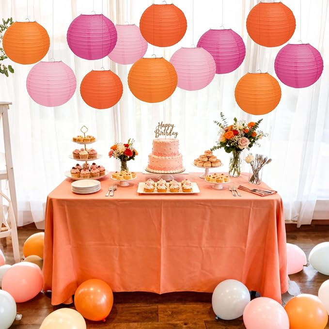Qenk 12 Pcs Pink and Orange Paper Lanterns - Image 6