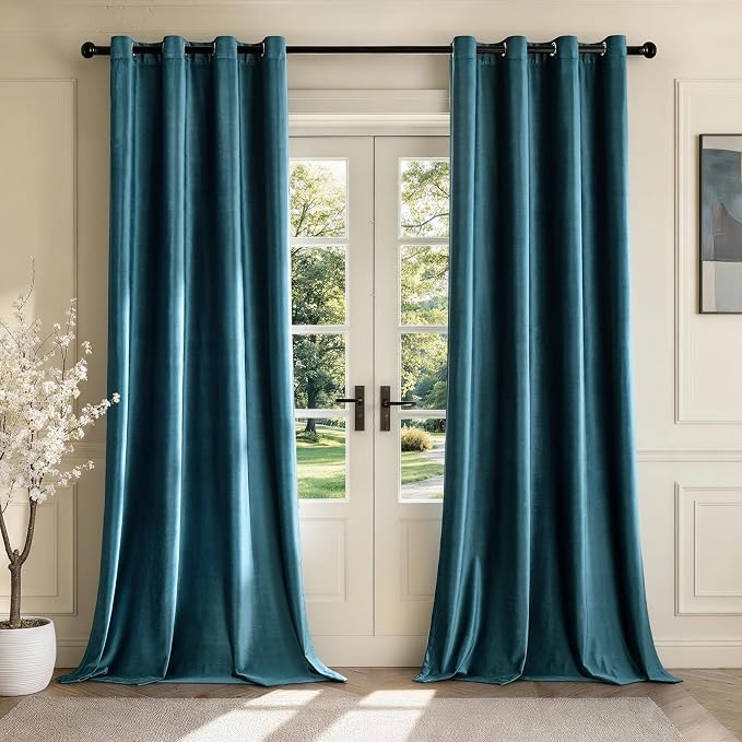 Velvet Peacock Blue Blackout Curtains 120 inch Length by ModernShinyVelvetCurtains