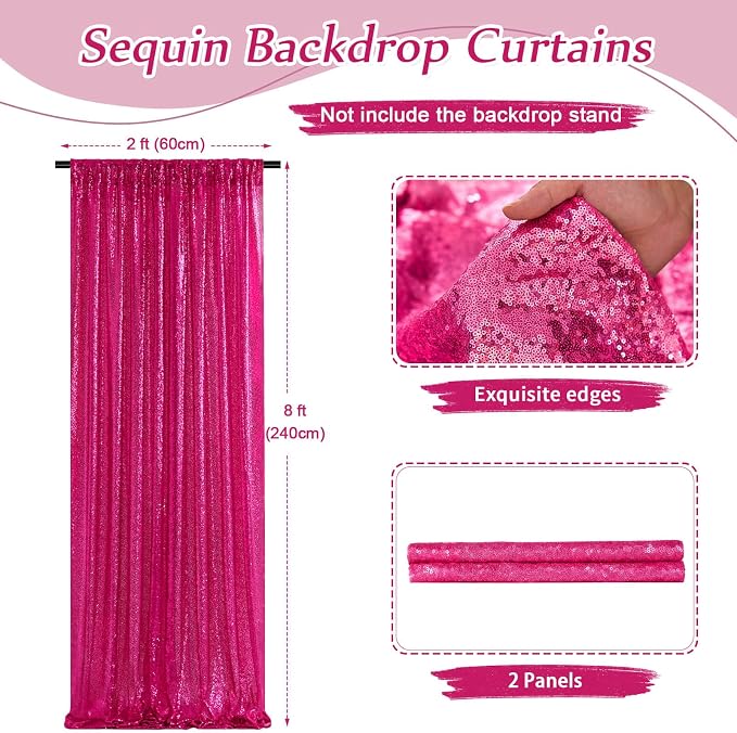 Fuchsia Sequin Backdrop Curtain Panels Stage 2 Pieces 2FTx8FT Wedding Party - Image 2