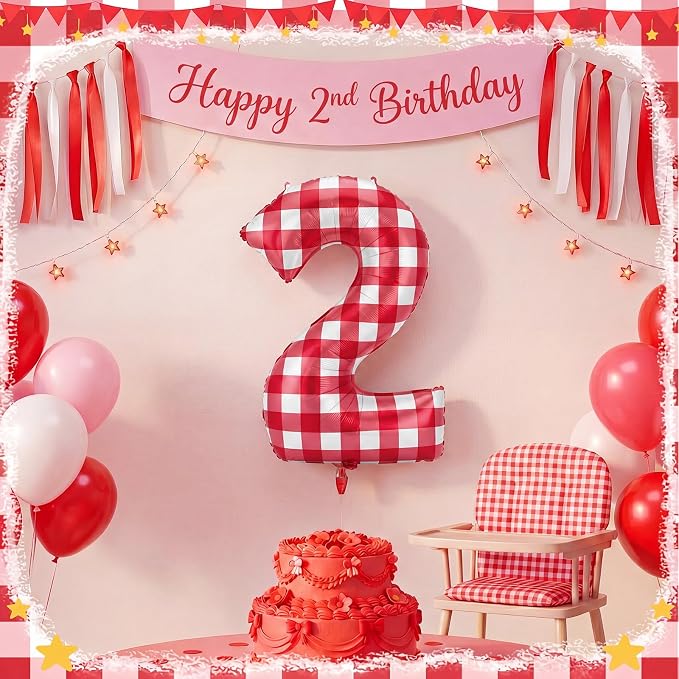 Jenaai 40 Inch Gingham 2nd Balloon Large Number 2 Plaid Balloons - Image 5