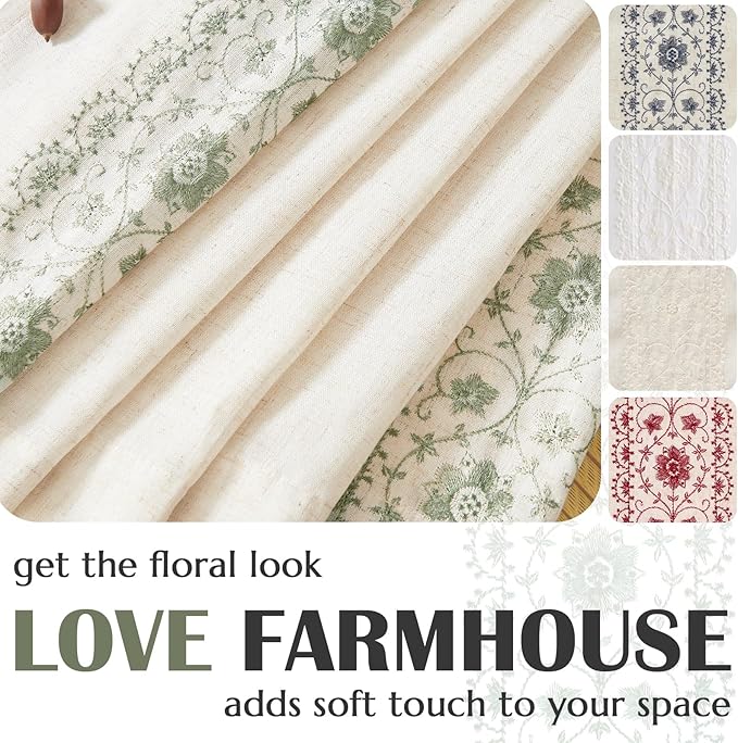 jinchan Floral Linen Curtains Embroidered Back Tab 50x72in 2 Panels Sage | - Image 5