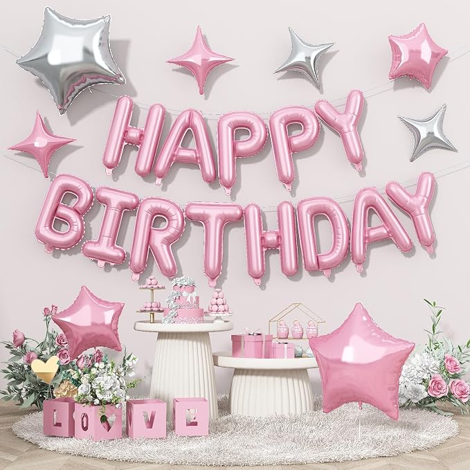 Happy Birthday Balloon Banner, 16 Inch Light Pink Mylar Foil Letter Balloons by Togvu