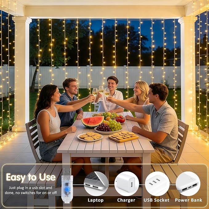 JMEXSUSS USB Plug in Curtain Lights 200 LED - Image 5