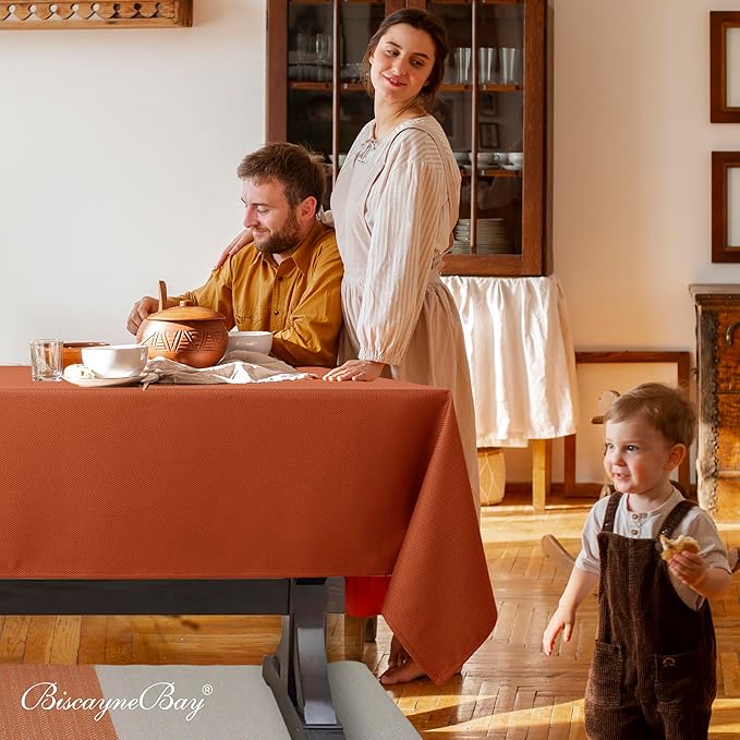 Biscaynebay 2 Pack Fall Table Cloth Rectangle 52x70 Inch, Rust Thanksgiving Autumn Harvest Water Resistant Fabric Textured Tablecloths for Kitchen, Dining, Wedding, Parties Machine Washable