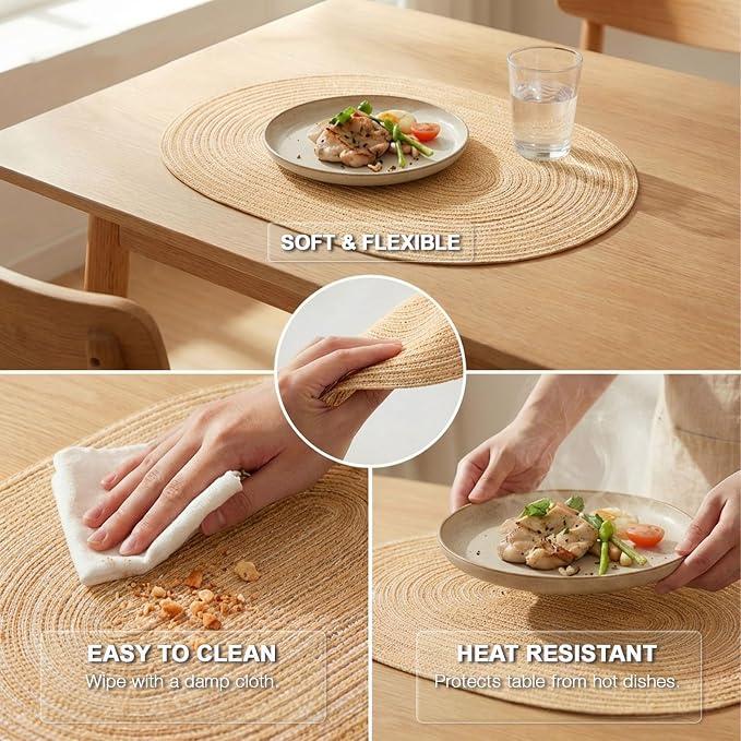 Placemats Set of 4, Woven Oval Braided Dining Table Mats | 12 x 17.5 Inch Size - Image 4