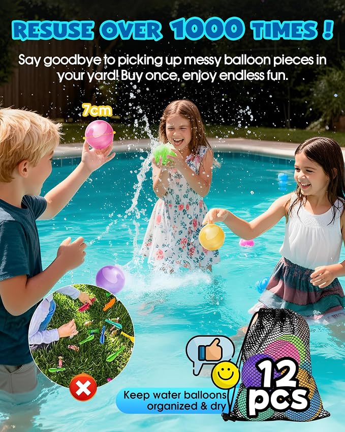 12PCS Reusable Water Balloons No Magnets, 100% Silicone Quick Fill Water Balls - Image 4