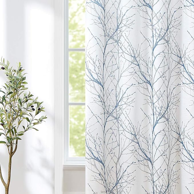 FMFUNCTEX Linen Blue White Semi Sheer Patio Curtains 96 Inch Long 1 Panel | - Image 5