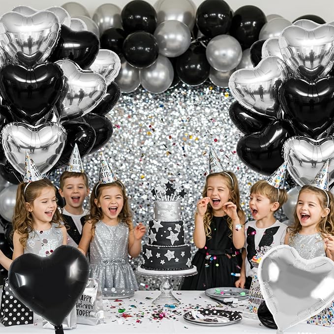TONIFUL 30 Pcs Black Silver Heart Balloons 18 Inch Heart Shape Foil Balloon | - Image 3