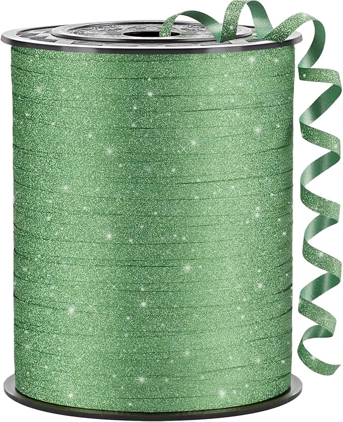Green Curling Ribbon, 500 Yards, 1/5 Inch | Glitter, by CLUEWR