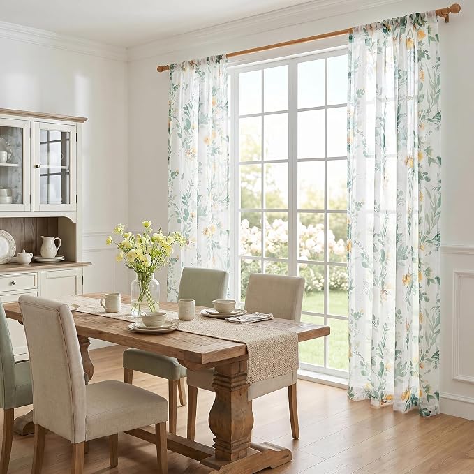 MYSKY HOME Green Sheer Floral Curtains 102 Inch Length - Image 8