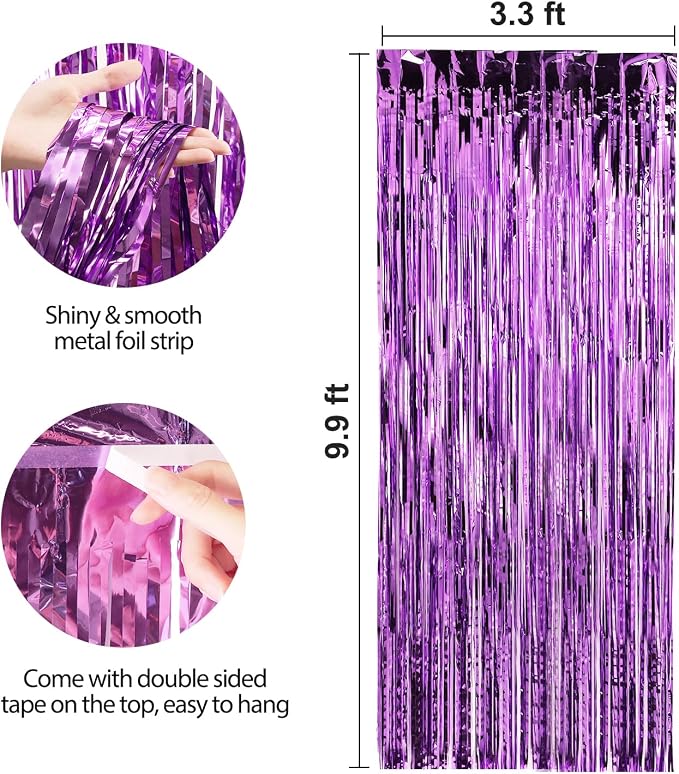 5 Pack 3.3 x 9.9 ft Purple Fringe Backdrop Streamers Party Decorations | Foil - Image 2