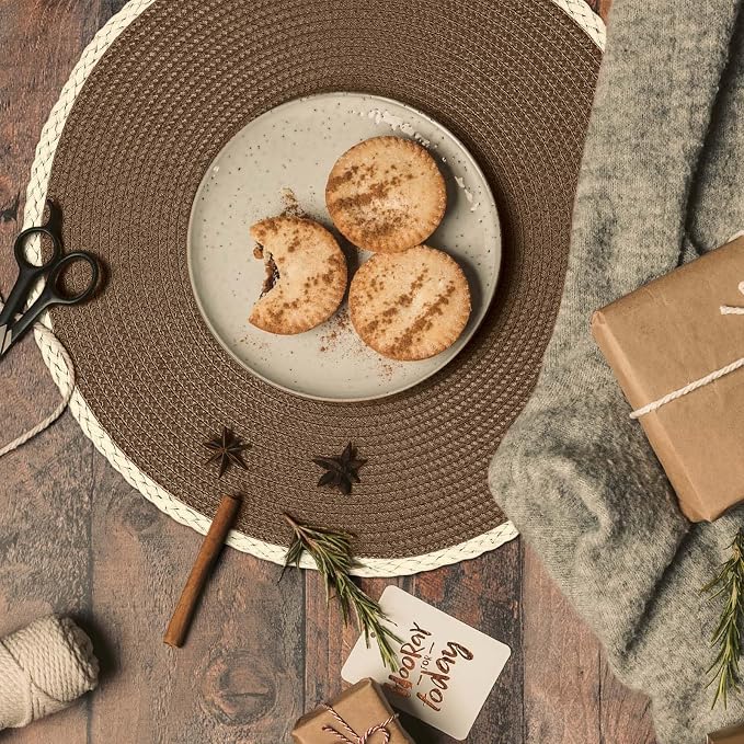 Round Placemats Set of 6, Woven Table Mats, Thin Edge, Coffee Brown | Braided - Image 5