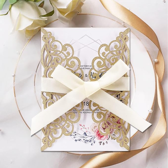 50Pcs Laser Cut Wedding Invitation With Glitter Envelopes And Ribbons Blank Personalized Card Invitaciones Para quinceañera Birthday Baby Shower Christmas Party Bridal Shower (Gold)