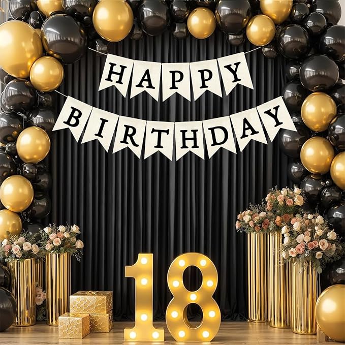 Black Happy Birthday Banner Pre-strung Burlap Bunting Party Backdrop Sign - Image 3