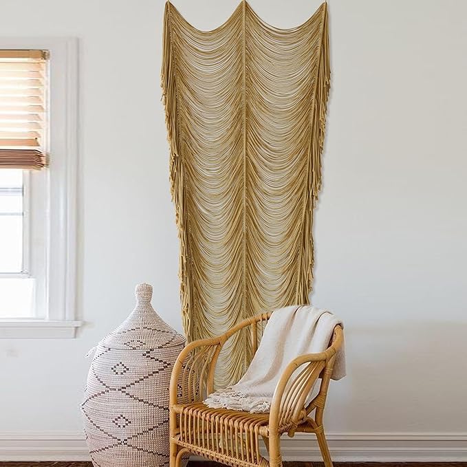 Macrame Curtain Handmade Khaki Boho Doorway window Curtain Room 41"W*75"L | - Image 2
