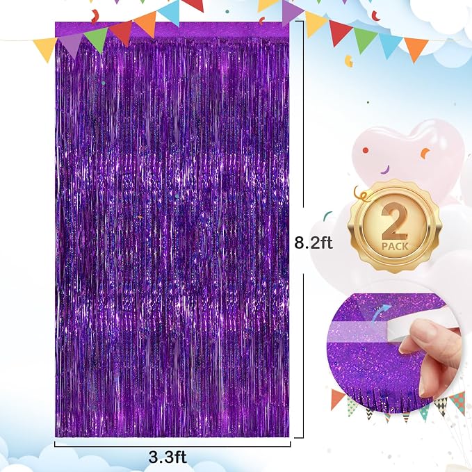 2 Pack Purple Metallic Tinsel Foil Fringe Curtains, Foil Curtain Backdrop - Image 3