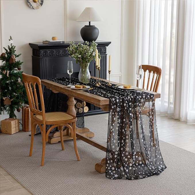 Silvery Snowflake Metallic Print Tulle Christmas Table Runner, Seasonal Winter Kitchen Dining Table Decoration for Home Party Decor 35x120 Inch (Black)