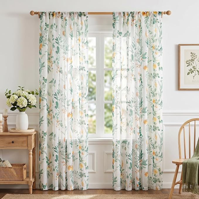 MYSKY HOME Green Sheer Floral Curtains 84 Inch Length - Image 2