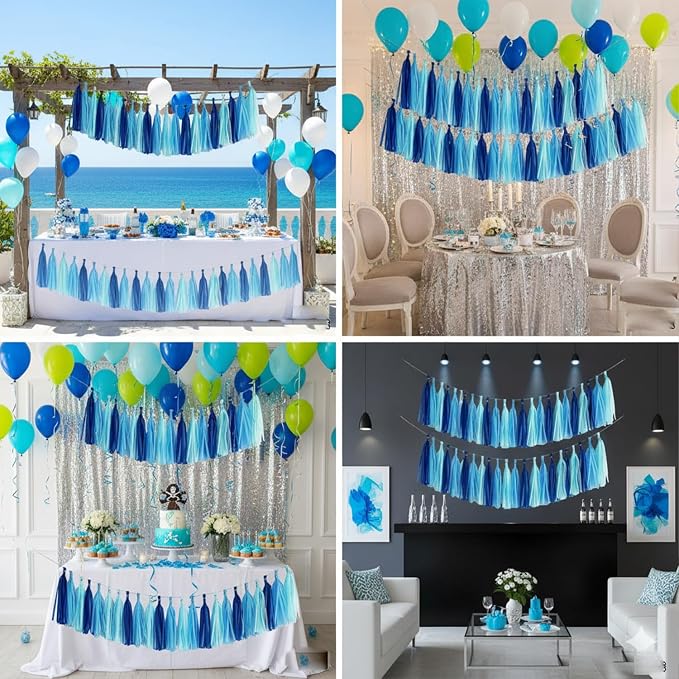 Navy Blue and Blue Tassel Garland Banner, 30 Pack Paper Tassels Streamers - Image 2