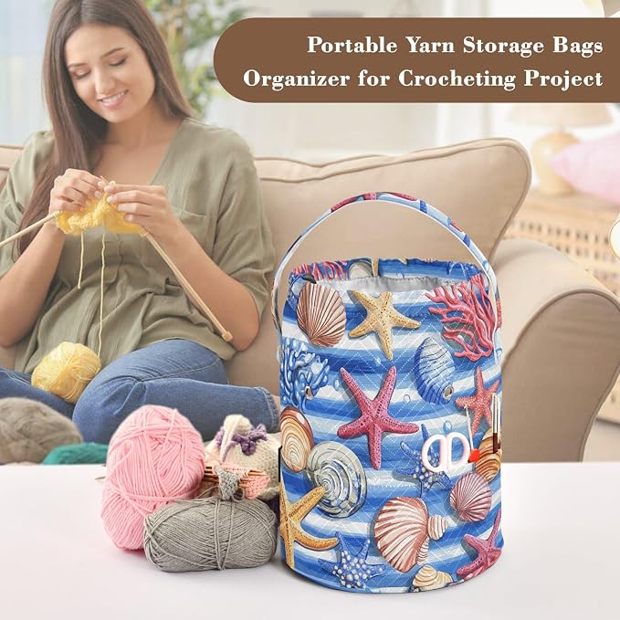 Blue Striped Starfishes Seashells Corals Yarn Bag Small Crochet Bag Drawstring - Image 4