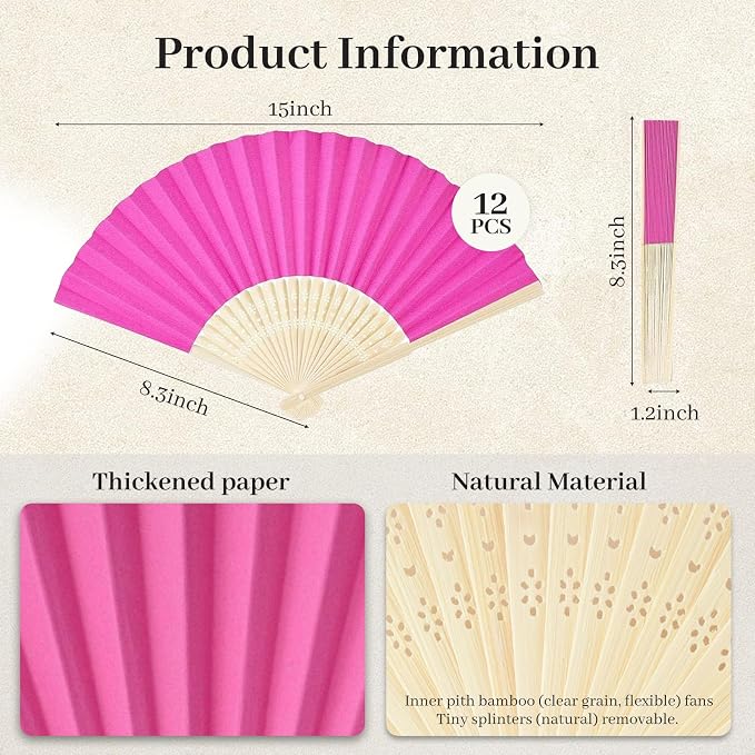 JOHOUSE 12 Pcs Paper Folding Hand Fans, 8.3 Inch Dark Pink Paper Fans Handheld - Image 7