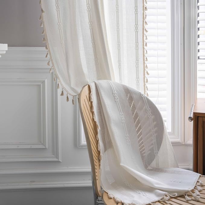 Boho Curtains for Bedroom Embroidery Striped Farmhouse 84 Inches Long 2 Pannels - Image 4