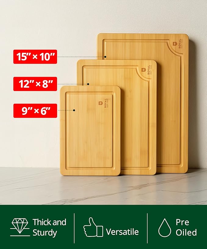 Wooden Cutting Boards for Kitchen Meal Prep & Serving - Bamboo Wood Cutting Board Set - Charcuterie & Chopping Butcher Block for Meat - Kitchen Gadgets Gift