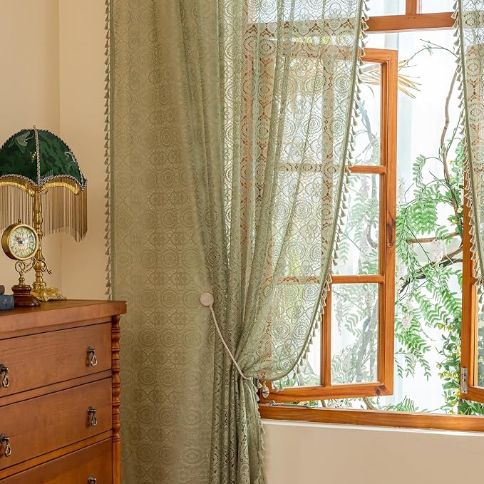 YJ YANJUN Boho Lace Curtains, Sage Green Sheer Window Panels | Geometric - Image 2